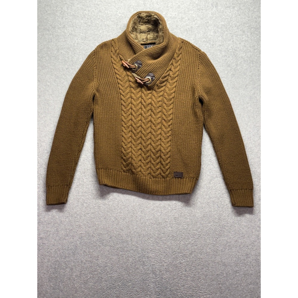 LCR Menswear Brown Cable Knit Toggle Shawl Faux Fur Collar Sweater Mens XXL